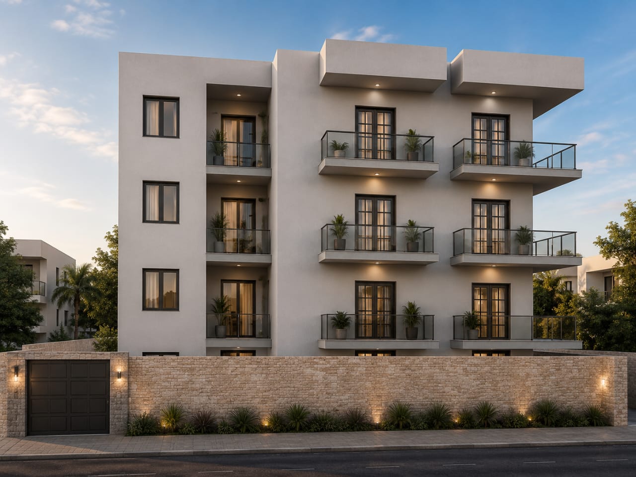 Rendu 3D d'un immeuble résidentiel R+3 avec balcons et mur en pierre