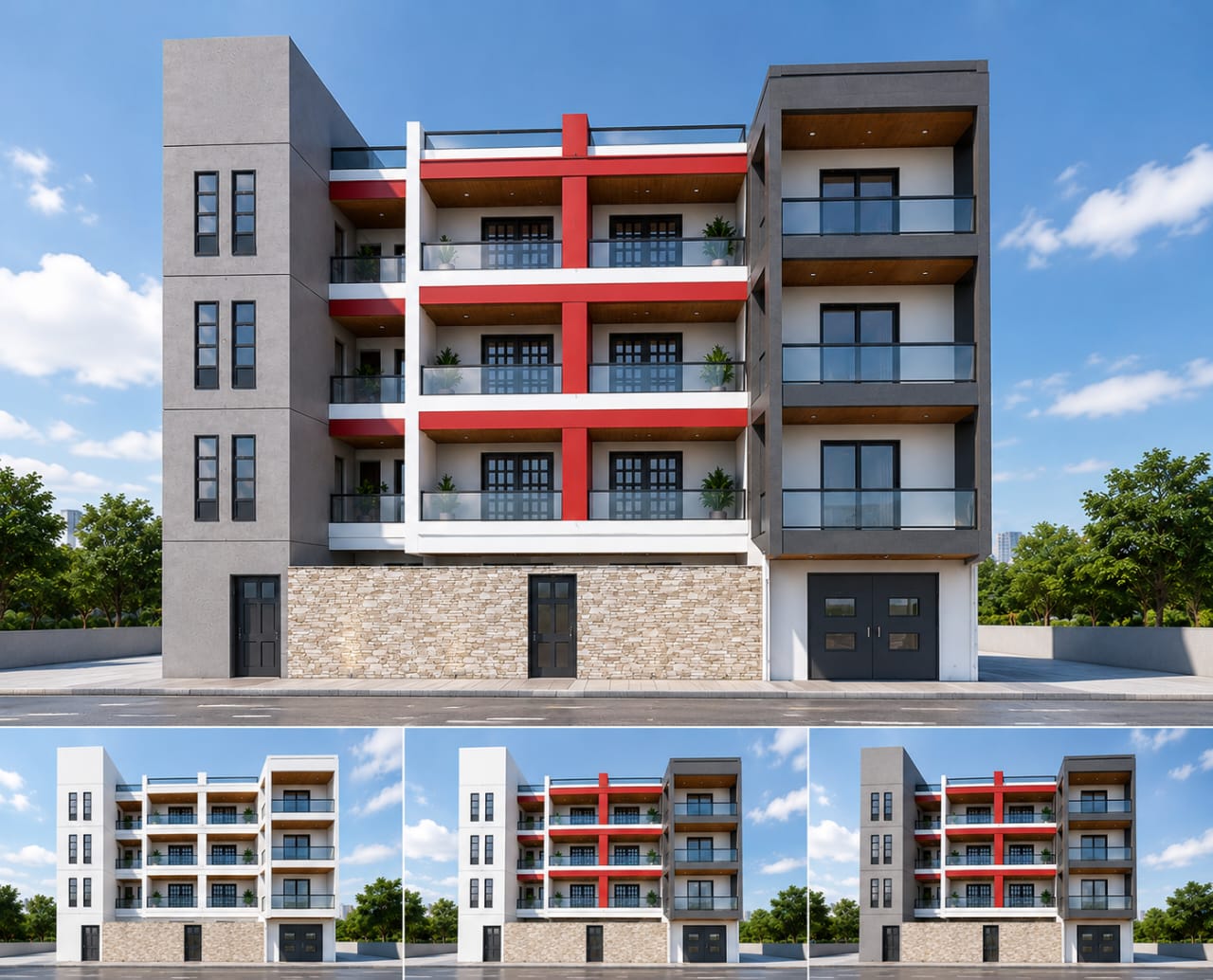Trois variantes de façade d'un immeuble présentées en rendu 3D
